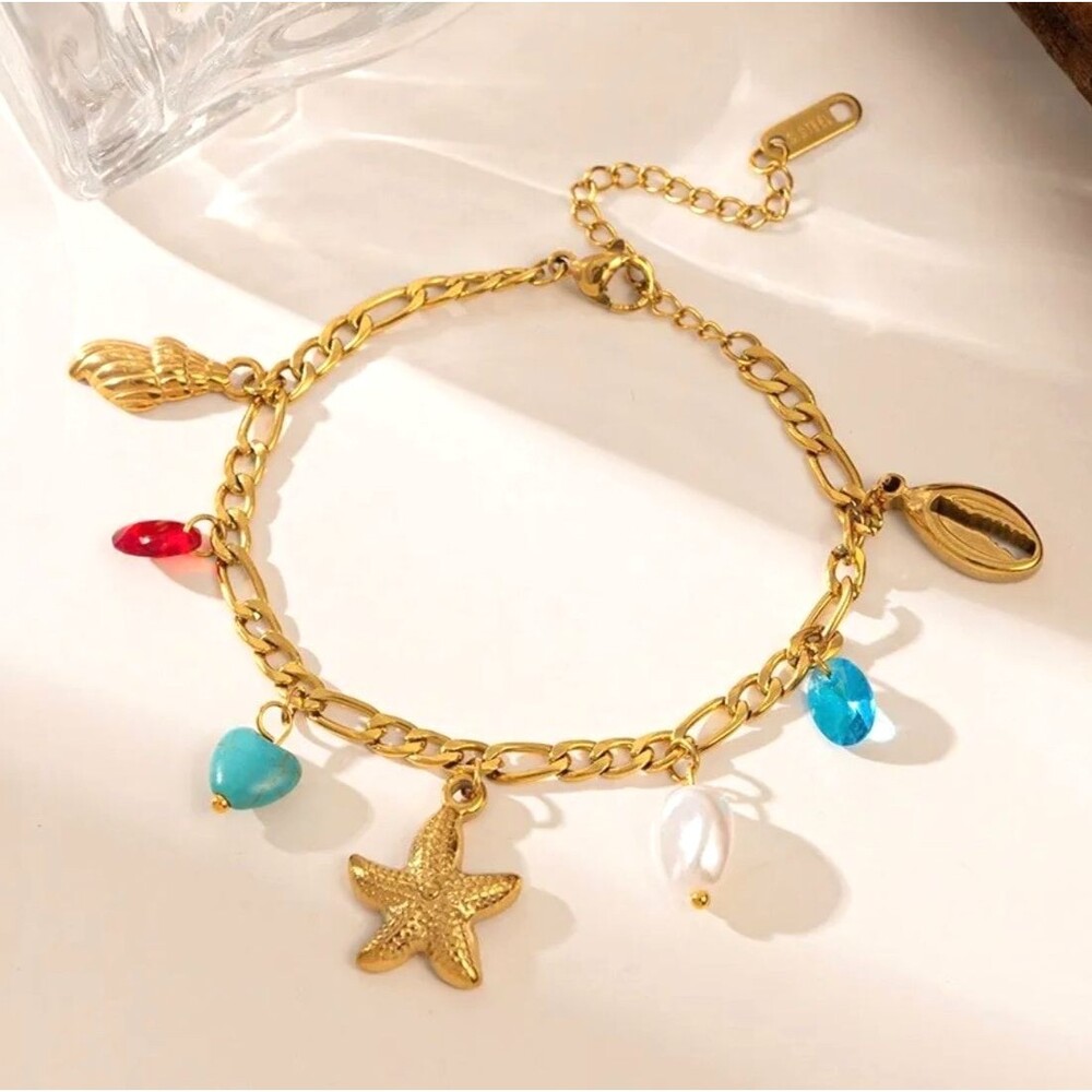 18K Gold Plated Starfish Charm Bracelet Shell Pearl Coastal Beach Adjustable NEW